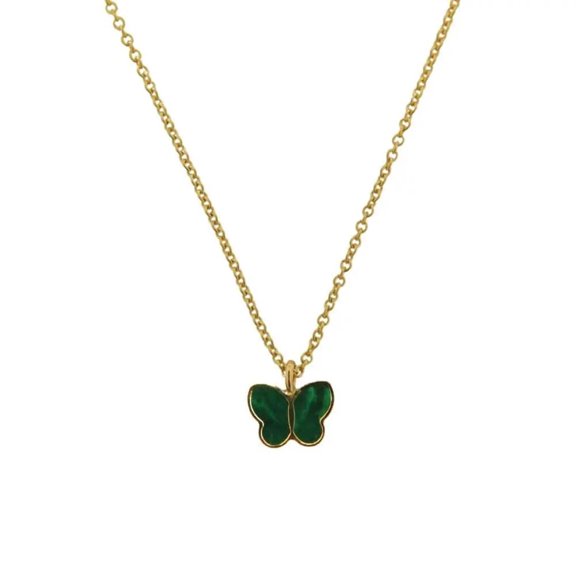 18k Solid Yellow Gold Malachite Butterfly Small Pendant Necklace