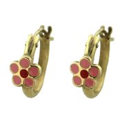 18k Solid Yellow Gold Pink and Red Center Flower Hoop Earrings