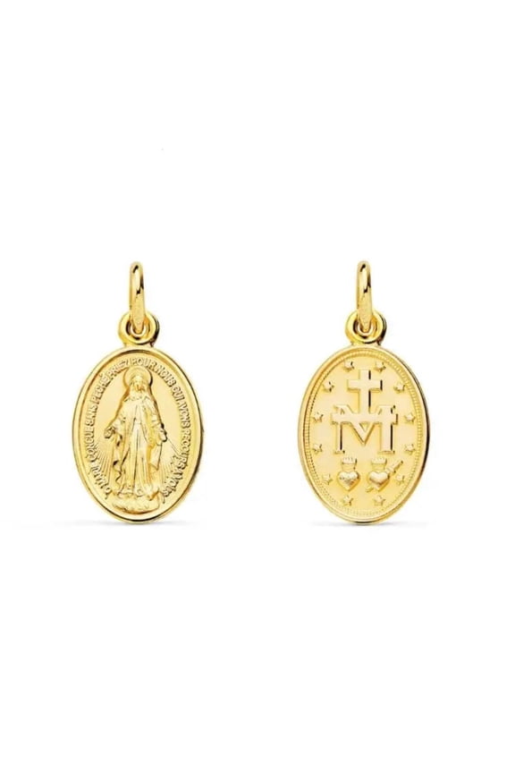 18k Solid Yellow Gold Small Oval Miraculous Medal Pendant