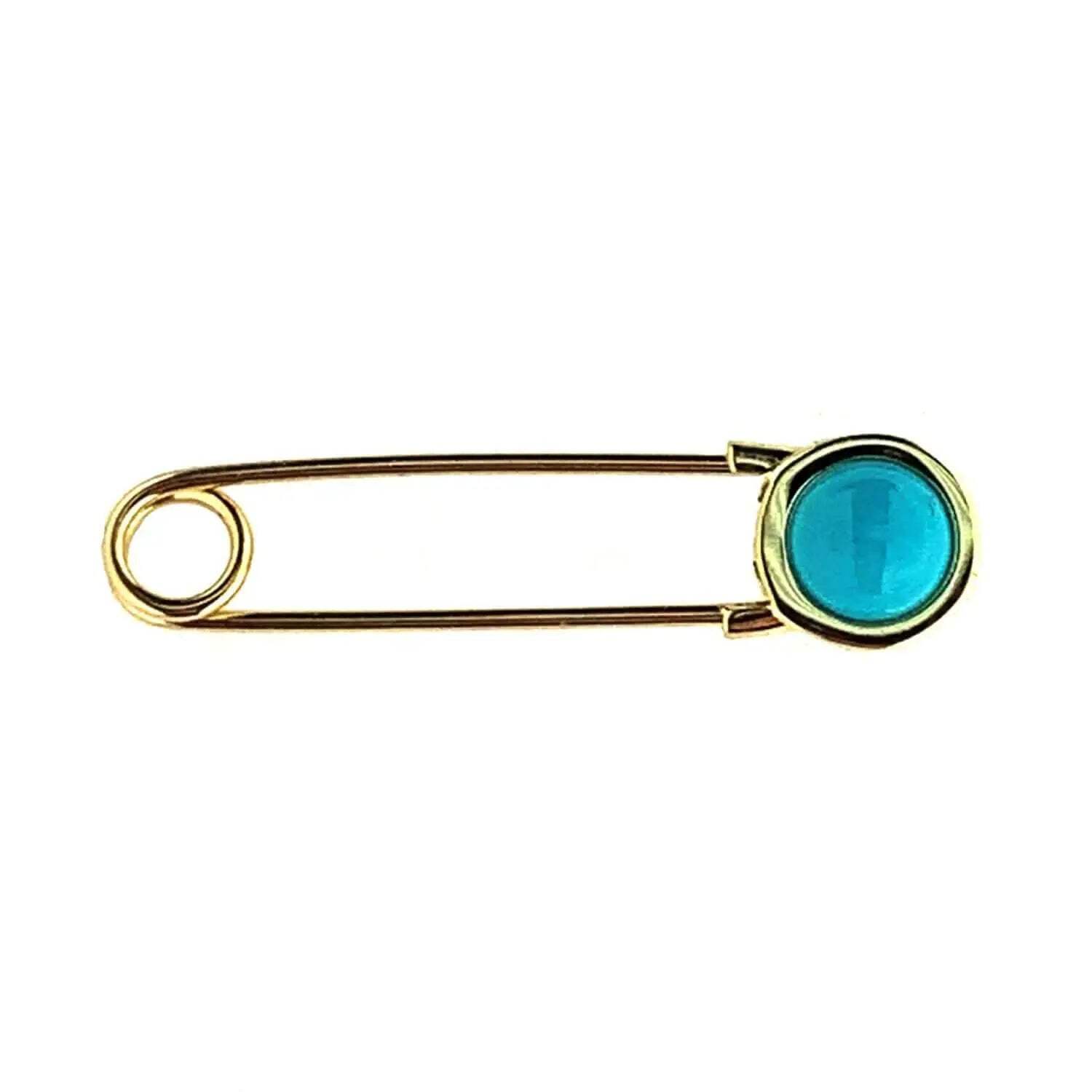 18k Solid Yellow Gold Turquoise Bead Safety Pin 1.25 inches