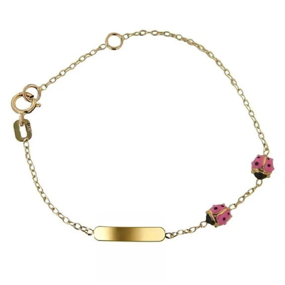 18k Solid Yellow Gold Two Pink Enamel Lady Bug ID Bracelet 5.5 inches with extra ring at 4.80 inch