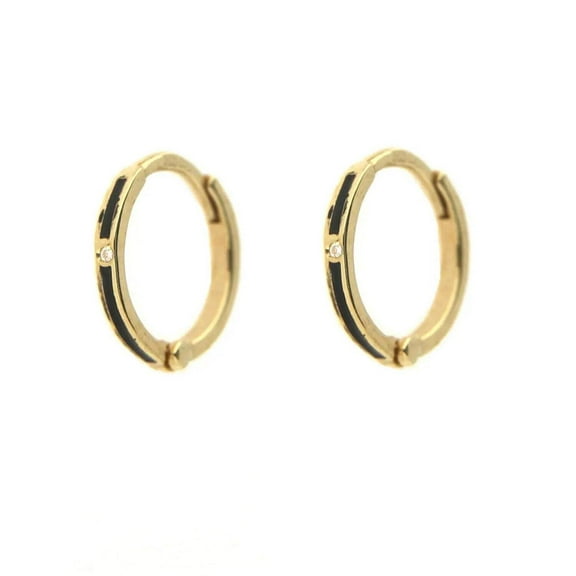 18k Solid Yellow Gold Zircon and Enamel Hinged Huggie Hoop Earrings