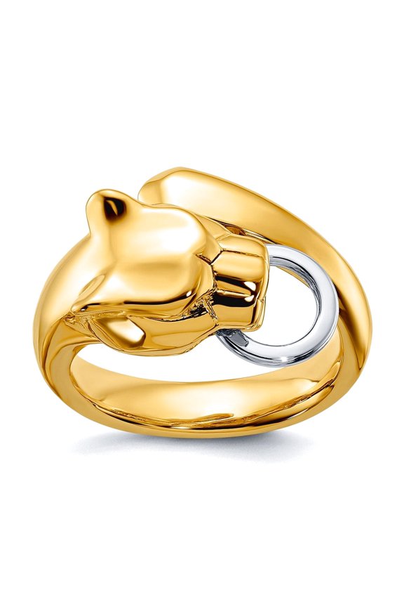 Solid 18k Two-tone Gold Adjustable Polished Panther Ring Ring for Women -