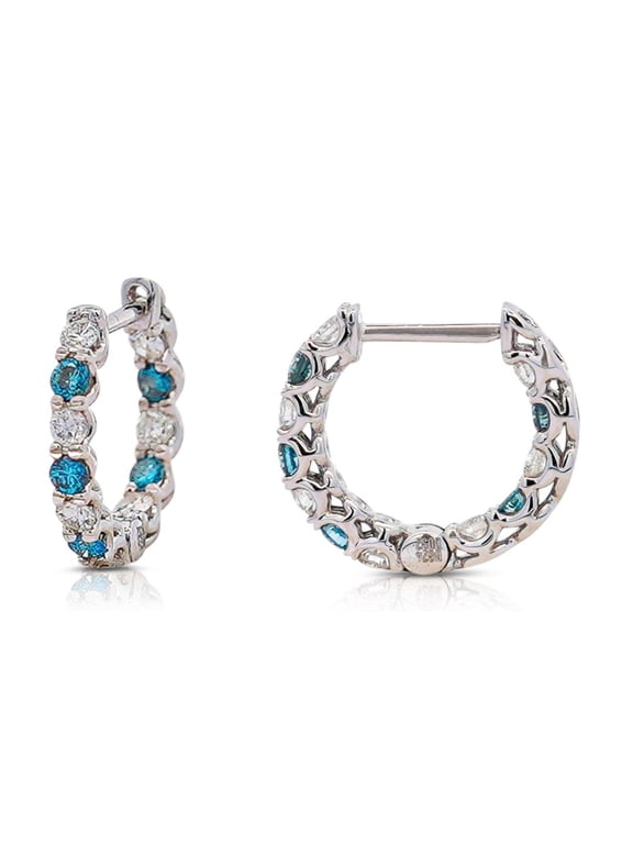 18k White Gold 0.56 Ct Blue & White Diamond Inside Out Huggie Hoop Earrings