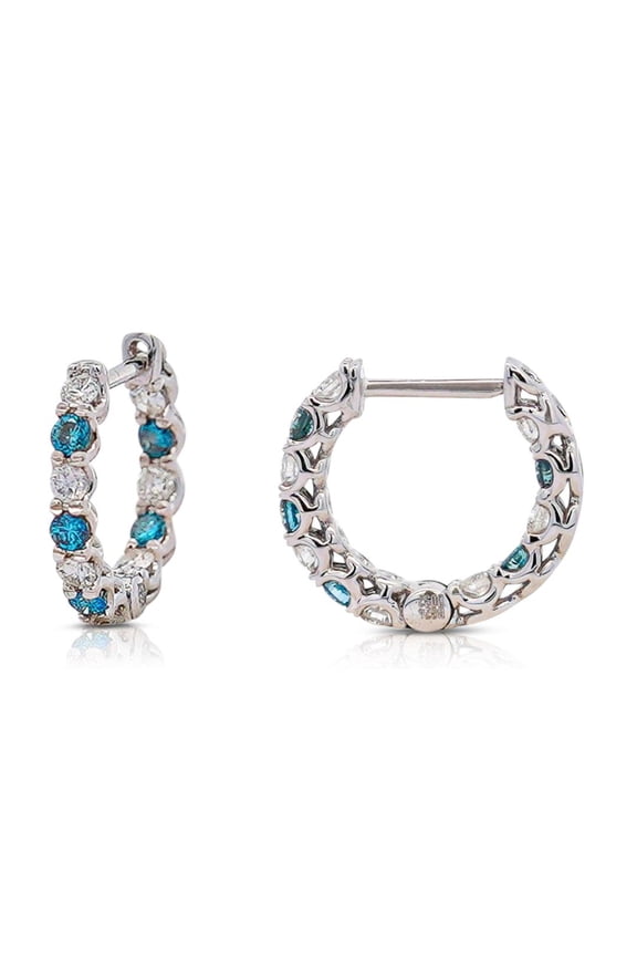 18k White Gold 0.56 Ct Blue & White Diamond Inside Out Huggie Hoop Earrings