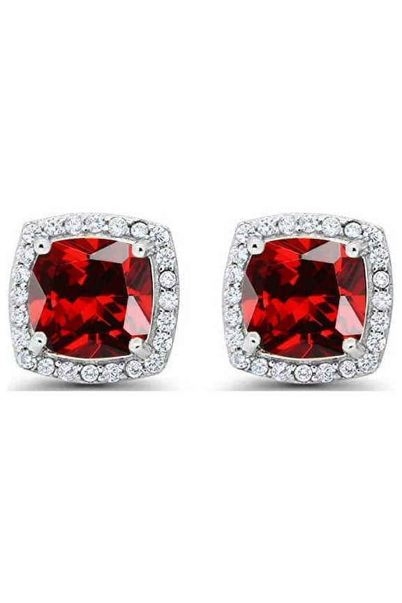 18k White Gold 1/2 Ct Created Halo Princess Cut Garnet Stud Earrings Plated by Paris Jewelry