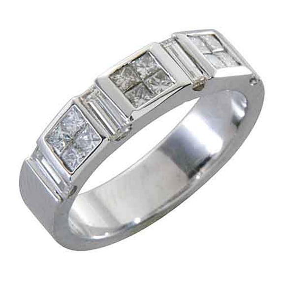 18k White Gold 1 Carat Invisible Princess & Baguette Diamond Wedding Band