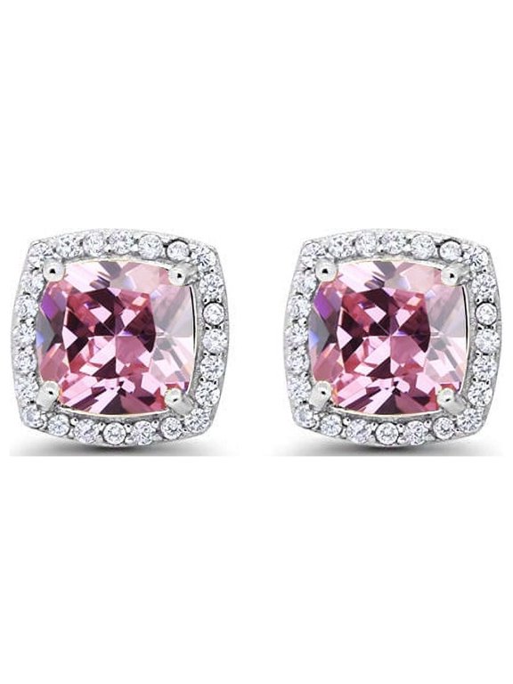 18k White Gold 1 Ct Created Halo Princess Cut Pink Sapphire Stud Earrings Plated by Paris Jewelry