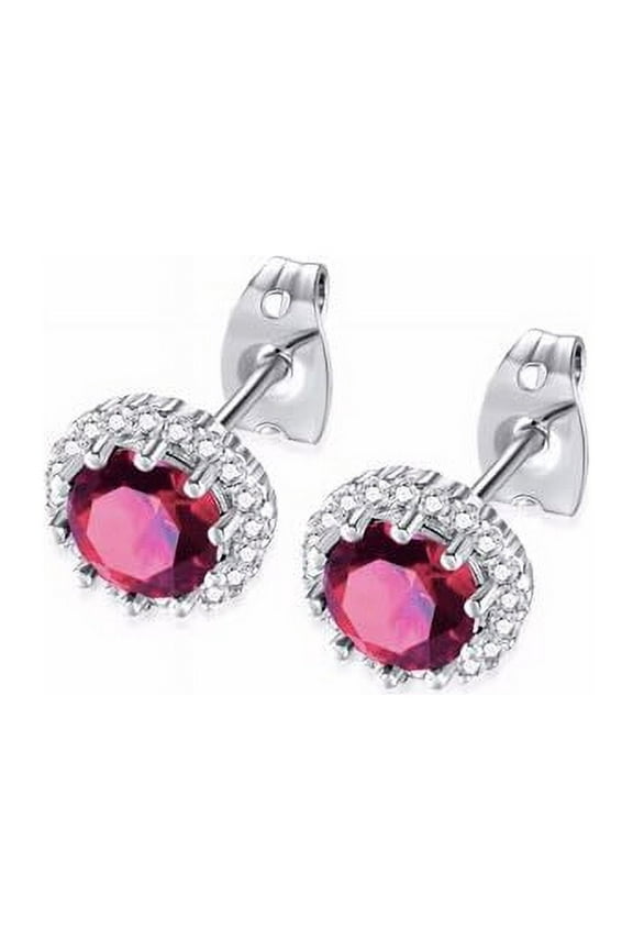 18k White Gold 1 Ct Created Halo Round Ruby Stud Earrings Plated
