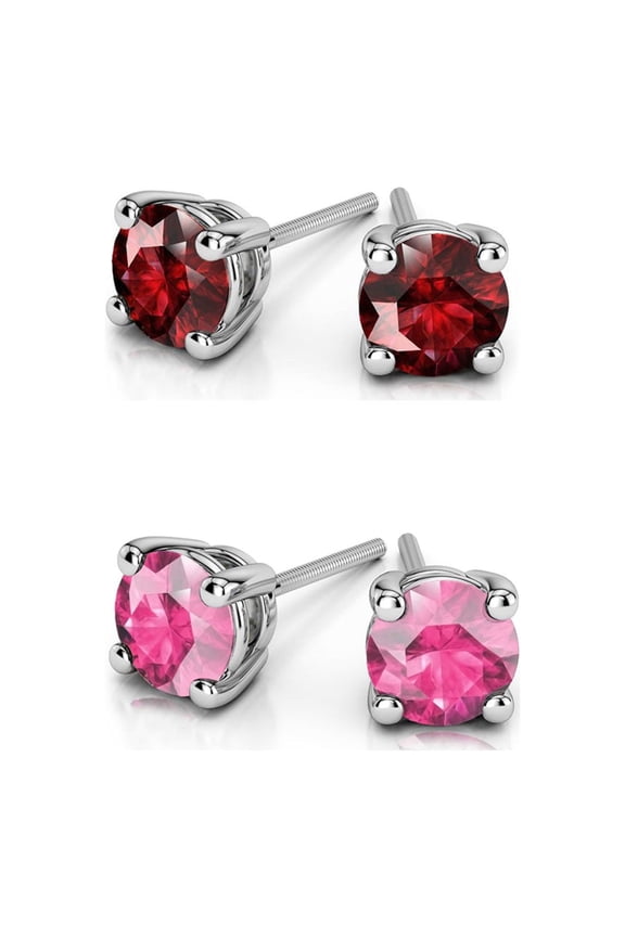 18k White Gold 2Ct Created Ruby and Pink Sapphire 2 Pair Round Stud Earrings Plated