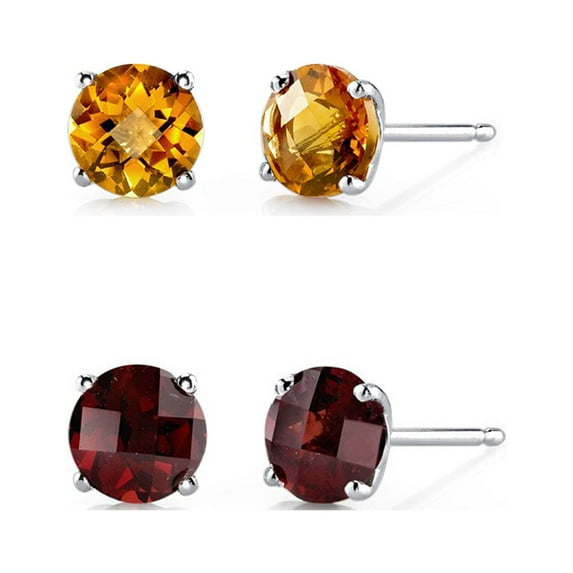18k White Gold 3Ct Created Citrine and Garnet 2 Pair Round Stud Earrings Plated