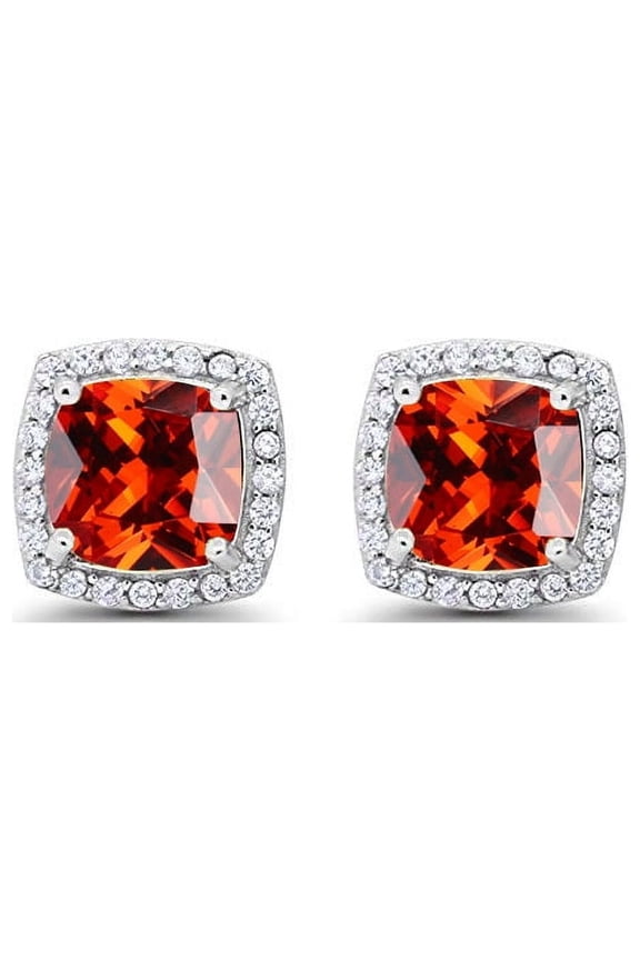 18k White Gold 4 Ct Created Halo Princess Cut Ruby Stud Earrings Plated by Paris Jewelry