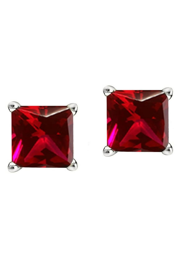 2 Carat Princess Ruby Stud Earrings, 18k White Gold Over Sterling Silver