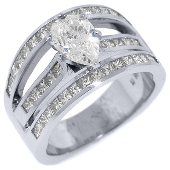 18k White Gold Pear Shape & Princess Diamond Engagement Ring 3.07 Carats
