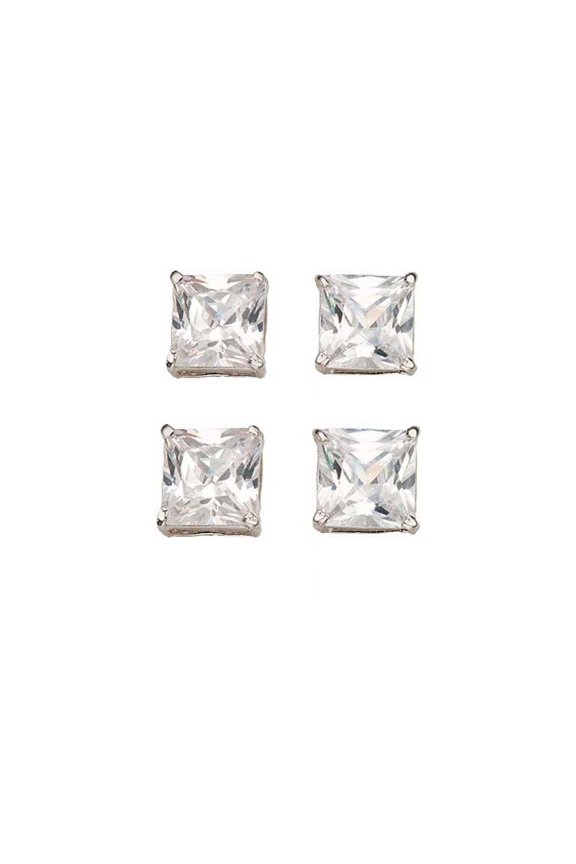 18k White Gold Plated 4Ct Square Cut White Sapphire Set Of Two Stud Earrings