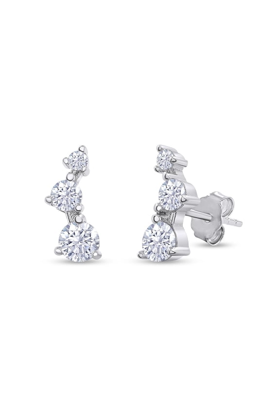 18k White Gold Plated Sterling Silver Post Ear Crawler Earrings 1.00 Carat (ctw) Moissanite Diamond 3-Stone Climber Earrings for Women | Trendy Jewelry Gifts For Her Push Back Earrings