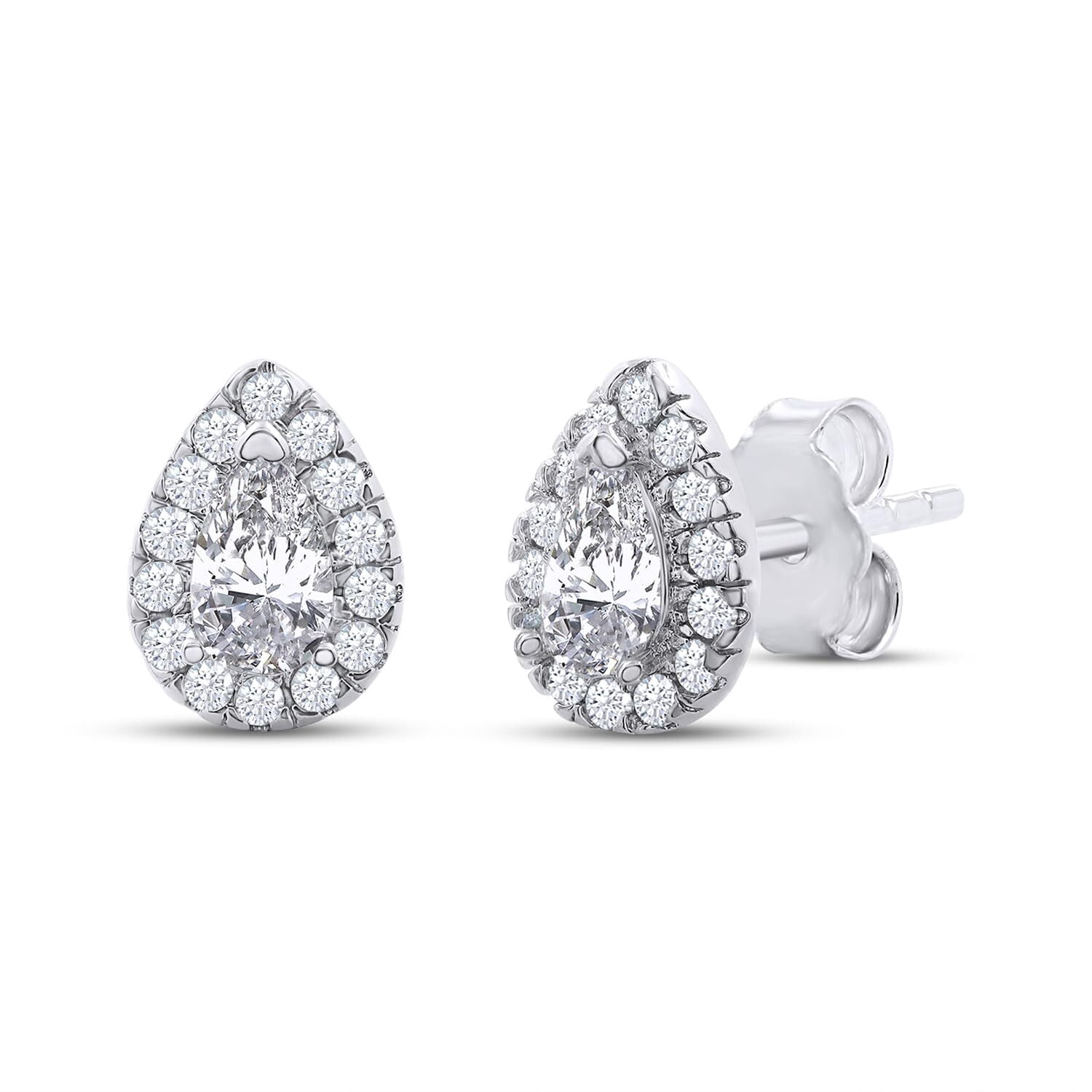 18k White Gold Plated Sterling Silver Post Halo Stud Earrings | 1/2 ctw Teardrop Moissanite Diamond Stud Earrings for Women | Push Back Earrings For Her (0.50 Ctw)
