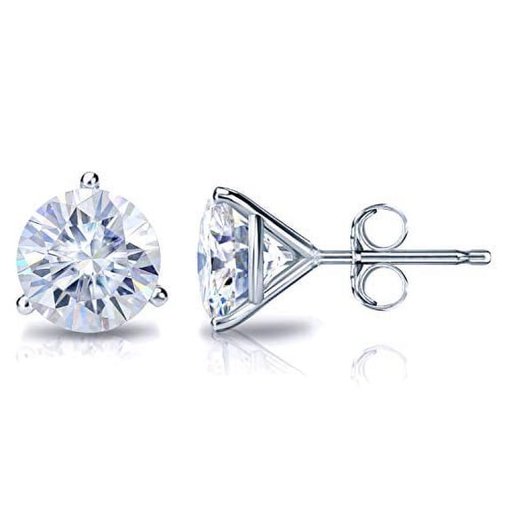 18k White Gold Round Moissanite Stud Earrings (7ct TGW, 10mm, G-H) 3-Prong Martini Set, Push-Back by Diamond Wish