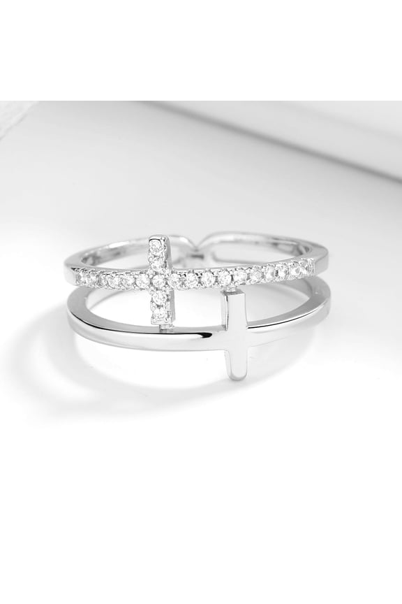18k White Gold Plated Sideways Cross Ring with Crystals