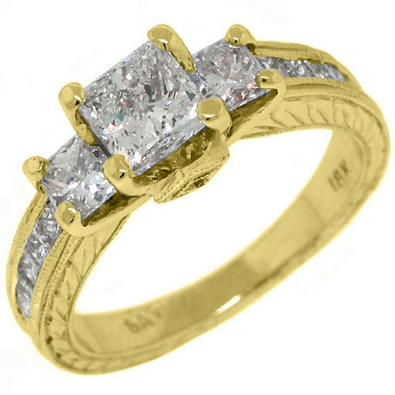 18k Yellow Gold 2.29 Carats Princess Cut Past Present Future 3 Stone Diamond Ring