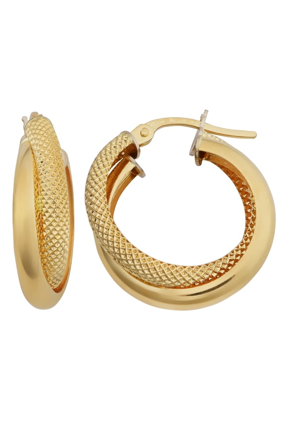 KoolJewelry 18k Yellow Gold 3x15mm High Polish and Textured Finish Double Hoop Earrings