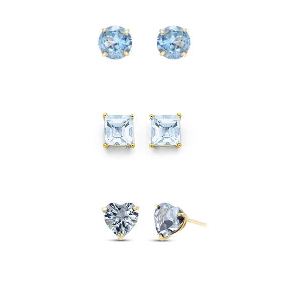 18k Yellow Gold 4Cttw Created Aquamarine 3 Pair Round, Square and Heart Stud Earrings Plated