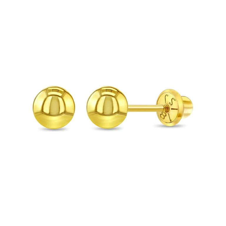 18k Yellow Gold 5mm Classic Ball Safety Screw Back Earrings for Girls &  Preteens 
