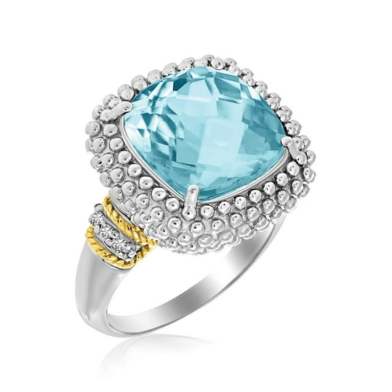 18k Yellow Gold & 925 Silver Sky Blue Topaz Diamond Popcorn Ring SZ 8