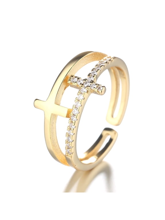 18k Yellow Gold Plated Adjustable Cross Ring with Crystal