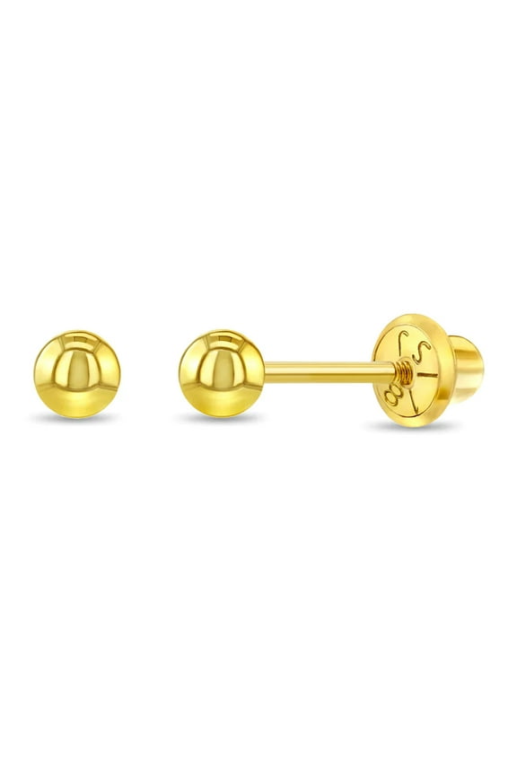 18k Yellow Gold Classic Ball Safety Screw Back Earrings for Infants and Toddlers
