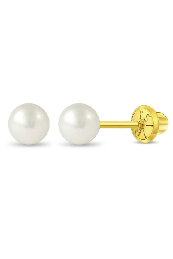 18k Yellow Gold Classic Cultured Pearl Safety Screw Back Earrings Kids Toddlers