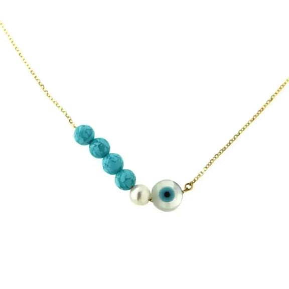 18k Yellow Gold Evil Eye with Cultivated Pearl and Four Turquoise Beads Necaklce 16 inches