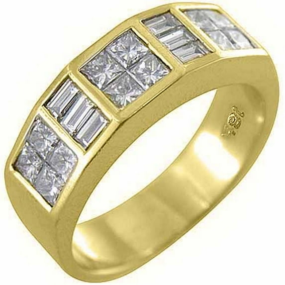 18k Yellow Gold Mens Invisible Set Princess & baguette cut Diamond Ring 1.75 Carats