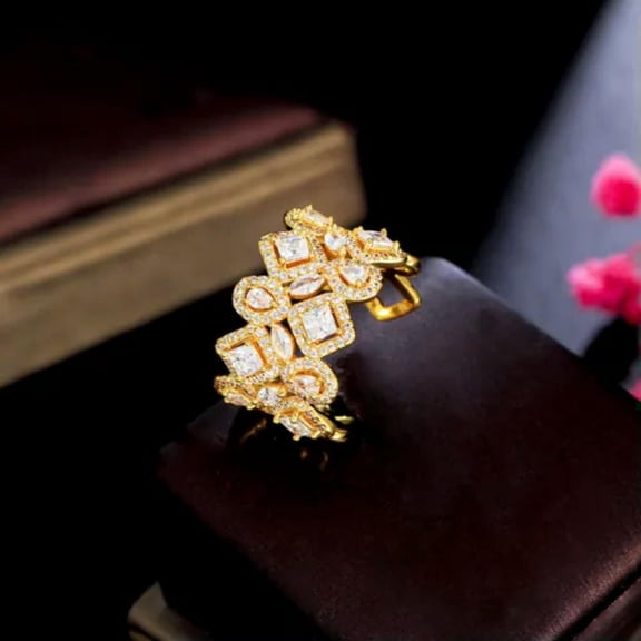 18k Yellow Gold Plated Cubic Zircon CZ Crystal Open Cuff Engagement Finger Ring