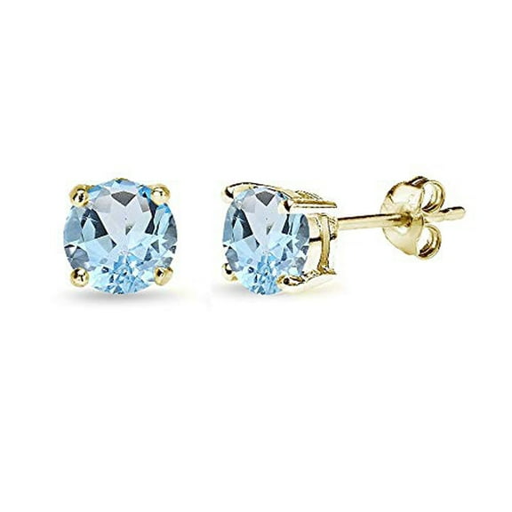 18k Yellow Gold Plated Silver Round 2 Ct Aquamarine Stud Earrings