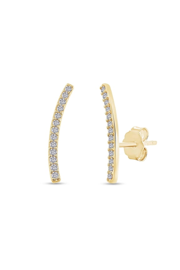 18k Yellow Gold Plated Sterling Silver Post Moissanite Diamond Ear Crawler Earrings | Curved Bar Ear Climber Earrings For Women | Trendy Jewelry Gifts For Her (0.25 Ctw)