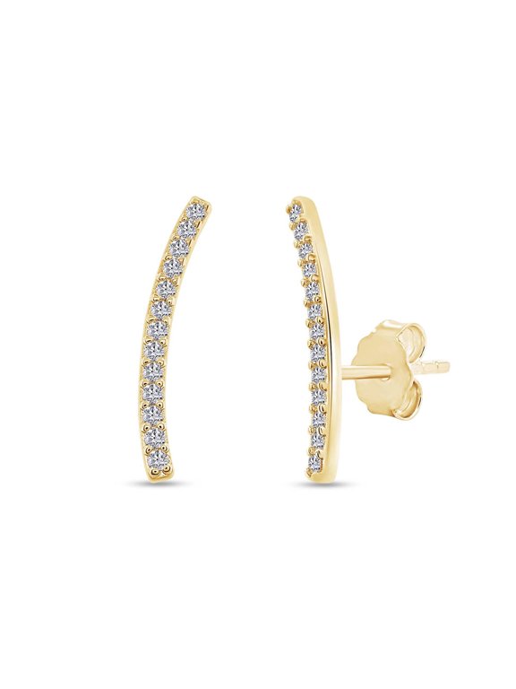 18k Yellow Gold Plated Sterling Silver Post Moissanite Diamond Ear Crawler Earrings | Curved Bar Ear Climber Earrings For Women | Trendy Jewelry Gifts For Her (0.25 Ctw)