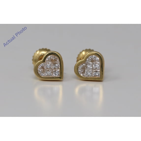 18k Yellow Gold Princess Diamond Invisible Setting Petite heart shaped contemporary Studs(0.73 ct, H, VS)