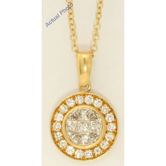 18k Yellow Gold Princess & Round elegant circular modern diamond pendant with set bezel(1.01 ct, H, VS)