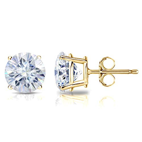 18k Yellow Gold Round Moissanite Stud Earrings (2 1/2ct TGW, 7mm, H-I) 4-Prong Set, Push-Back by Diamond Wish