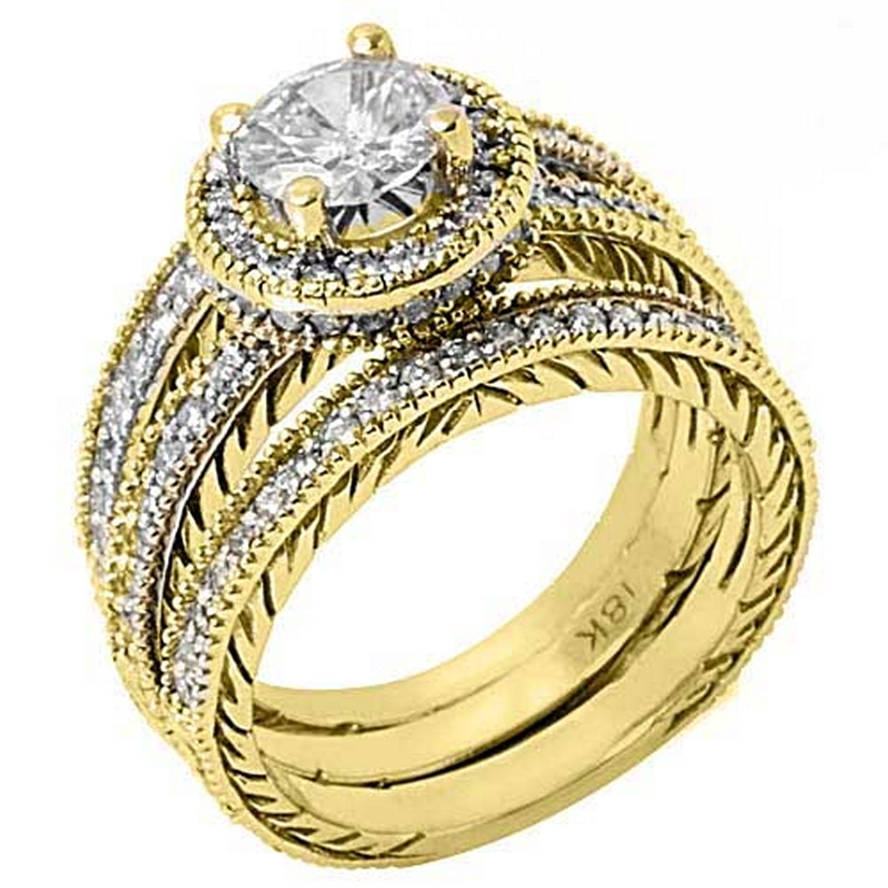 18k Yellow Gold Round & Pave Diamond Engagement Ring Bridal Set 1.76 ...