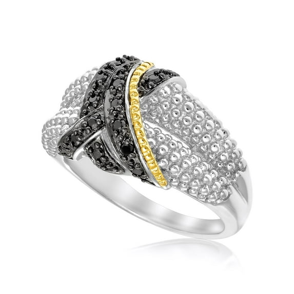 18k Yellow Gold & Sterling Silver Entwined Popcorn Ring Diamonds SZ 9