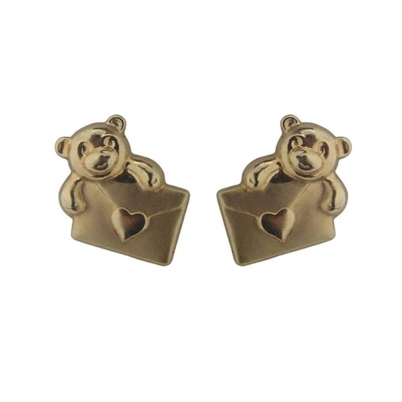18k Yellow Gold Teddy Bear with Envelope Screwback Earrings (7mm)