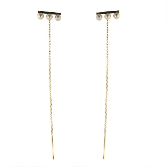 18k Yellow Gold Three Cultivated Pearl in Bar thread dangle earrings 2.9 inches long