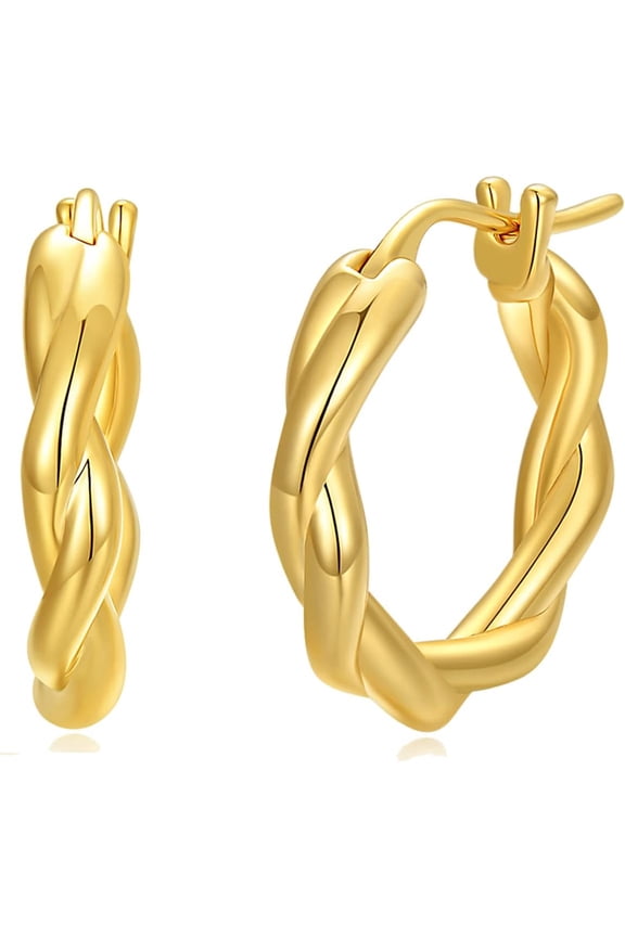 18k Yellow Gold Twist Hoop Earrings for Women, Real 18 Karat Gold Huggie Hoops(18 * 17 * 3 mm)