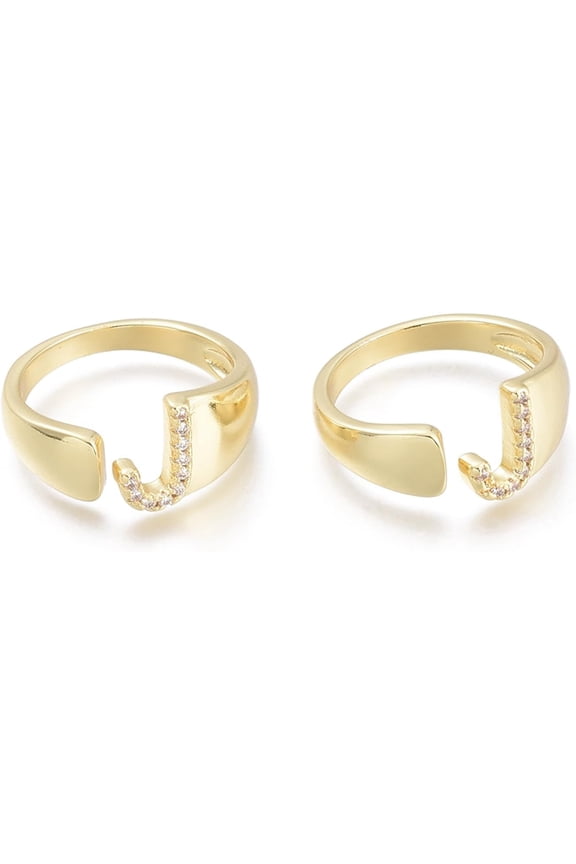 18k gold plated adjustable women's initial ring Copper set Zircon thick gold folded alphabet ring j US Size 5 Women's individual open ring Golden