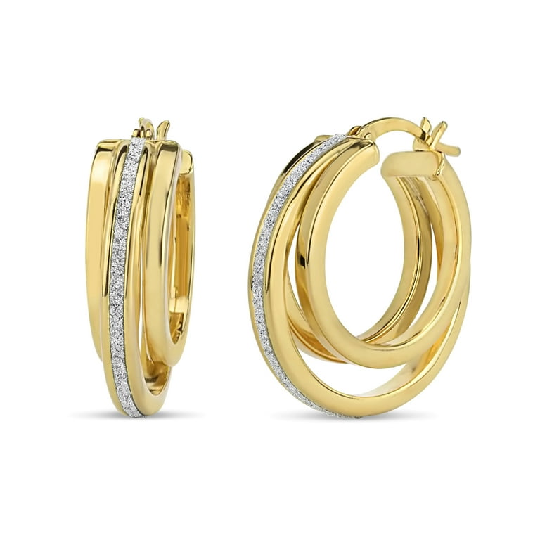 18kt Gold Over Sterling Silver 25mm Glitter Double Hoop Earrings
