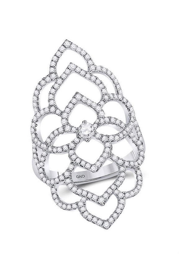 18kt White Gold Womens Round Diamond Flower Petals Knuckle Fashion Ring 3/4 Cttw