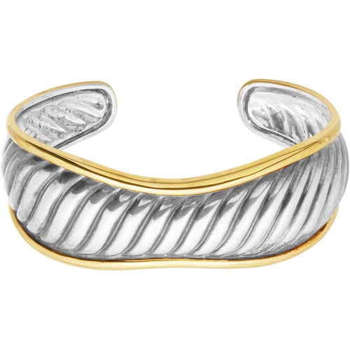 18kt Yellow Gold over Sterling Silver Oversized Textured Bangle, 7.25"