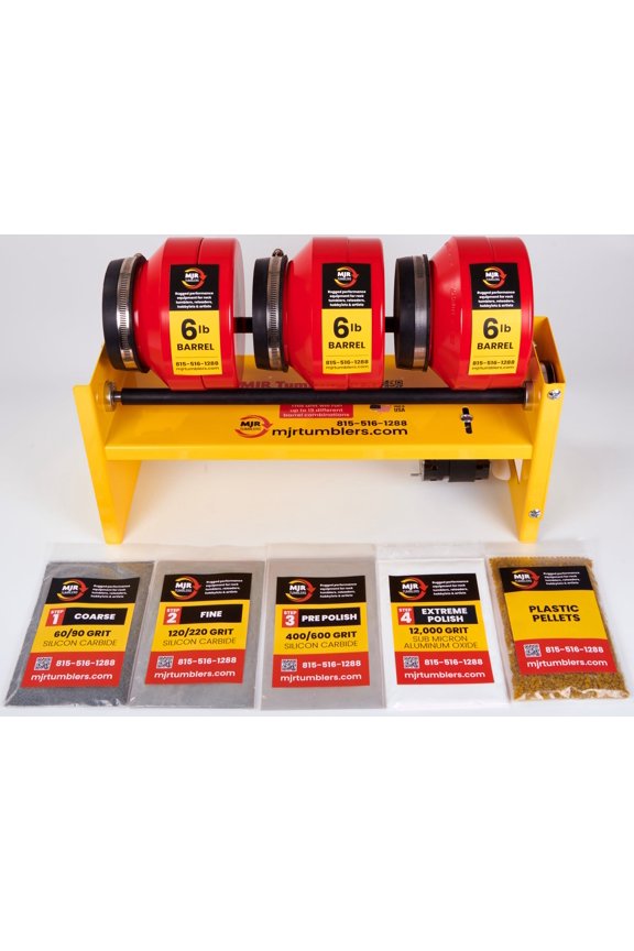 18lb, Triple 6lb Barrel Large Base Rotary Rock Tumbler w Grit Kit MJR TUMBLERS Winner Best High End Unit 2019, 20 & 2021